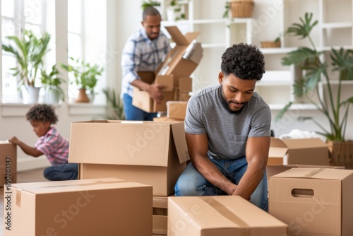 Family Unpacking Boxes in Their New Home - Excitement and Transition into a New Living Space © spyrakot