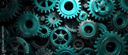 Wallpaper Mural Elegant Digital Technology Background Featuring Teal Gears and Cogs on Black, Perfect for Modern Tech Solutions Torontodigital.ca