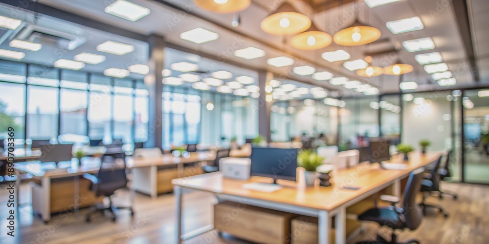 Blurred Office Interior Light and Desk in Focus, office interior, desk space, blurred background, workplace Blurred Office Interior Light and Desk in Focus, office interior, desk space, blurred background, workplace