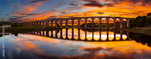 Berwick, Northumberland, UK, June 19, 2024; sunset aerial view of the Royal Border Bridge Viaduct, Berwick, Berwick-upon-Tweed, Northumberland, England, UK. photo