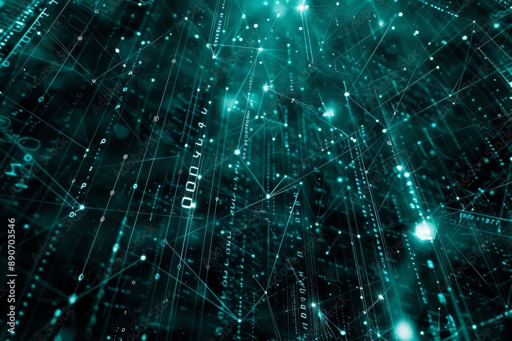 Obraz premium Abstract double exposure of binary code and interconnected network nodes