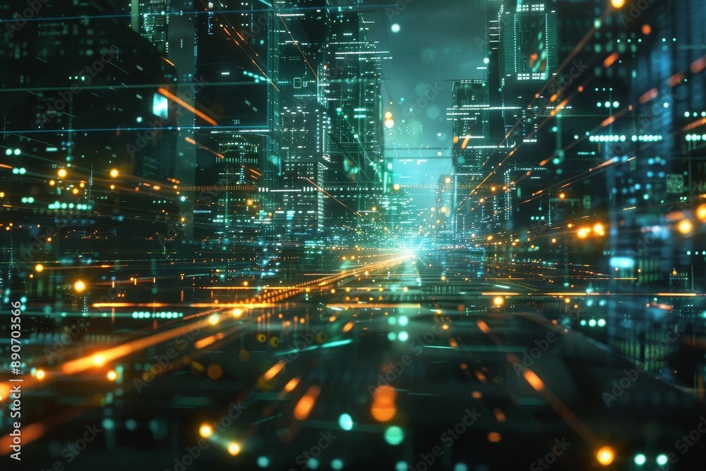 Fototapeta premium Data visualization merging with network infrastructure in a futuristic double exposure