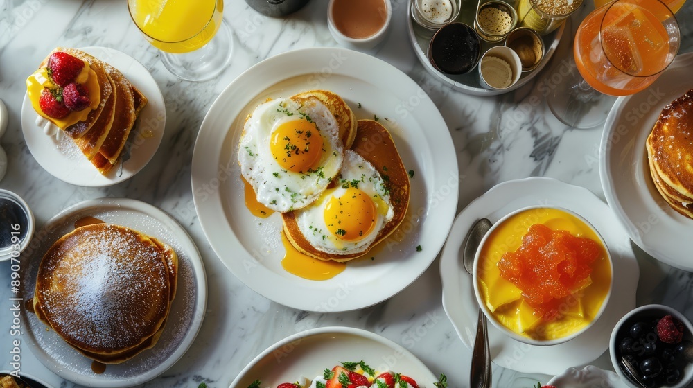 A brunch spread with pancakes, eggs, and mimosas A brunch spread with pancakes, eggs, and mimosas