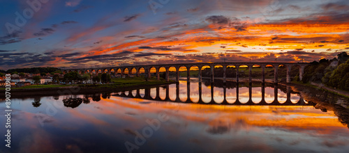 Berwick, Northumberland, UK, June 19, 2024; sunset aerial view of the Royal Border Bridge Viaduct, Berwick, Berwick-upon-Tweed, Northumberland, England, UK. photo