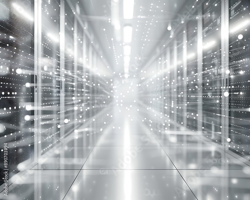 Elegant Minimalist Tech Background in Silver and White with Digital Data Streams in a Data Analysis Room, Perfect for High-Tech Communication Themes