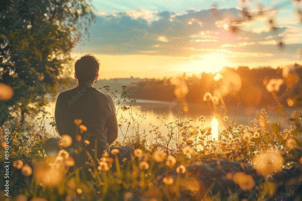 Obraz premium Serene Sunset by the Lakeside with Elevated Mood and Cognitive Function through Natural Vitamin D