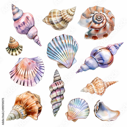 Sticker sheet featuring watercolor seashells in cartoon style with pastel colors, perfect for adding a soft, coastal touch to your projects