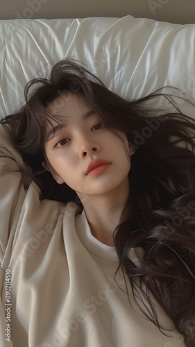 Woman with long brown hair lying on white bed.