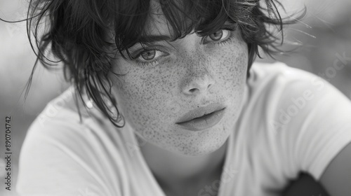 Closeup portrait of a woman showcasing freckles and short hair in black and white