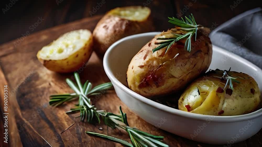 Baked Potatoes with Rosemary in White Bowl on Wooden Board Baked Potatoes with Rosemary in White Bowl on Wooden Board