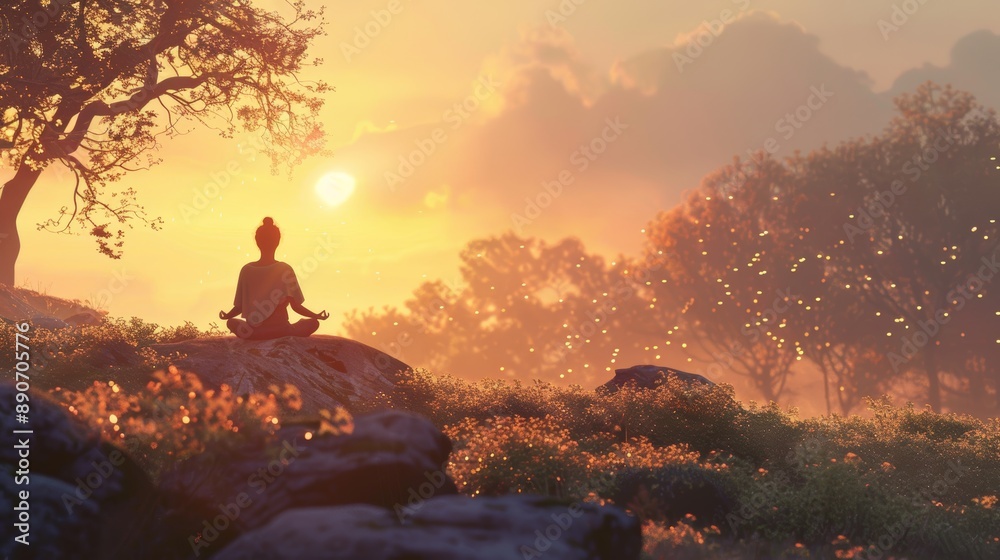 Serene Morning Meditation in a Tranquil Sunrise Landscape for Peace and Wellness Inspiration