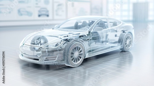 A car is shown in a 3D model, with its wheels and other parts visible