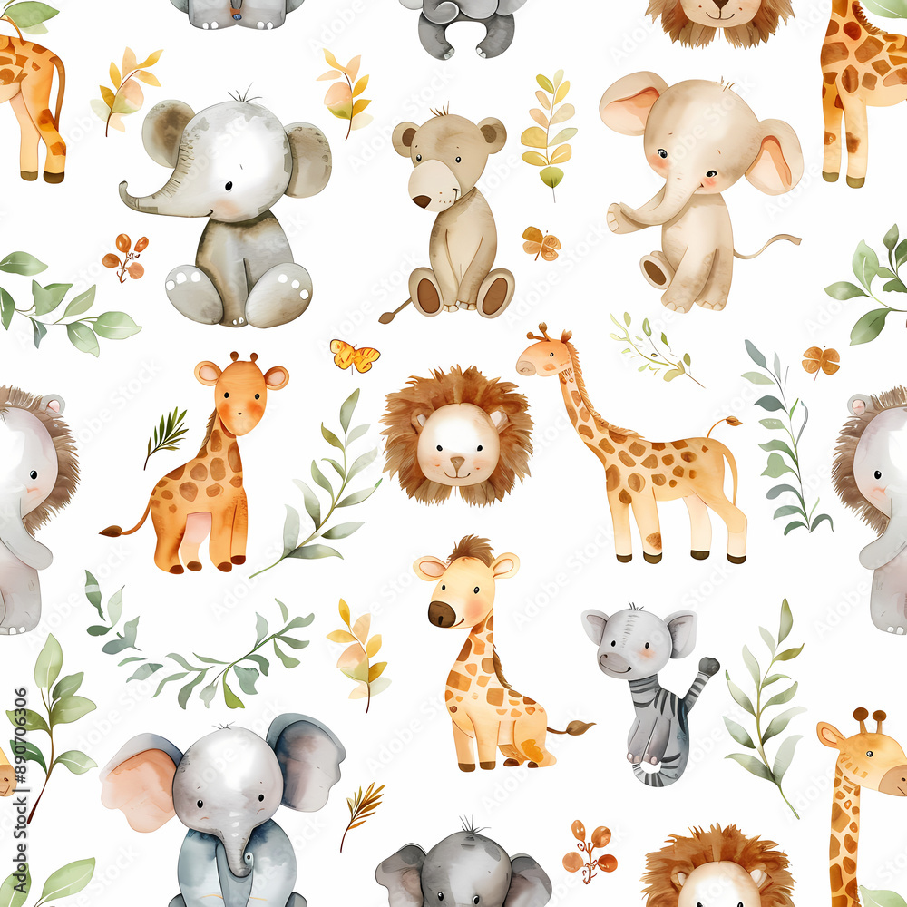 Fototapeta Sticker sheets featuring cute watercolor illustrations of safari animals, perfect for adding a playful touch to your creative projects