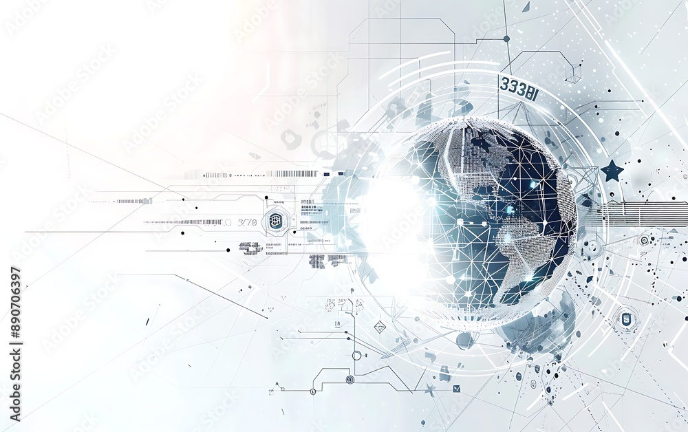 Obraz premium Futuristic Abstract Tech: Navigating Global Communication and Data Analysis on White Background, Cyber Innovation Theme