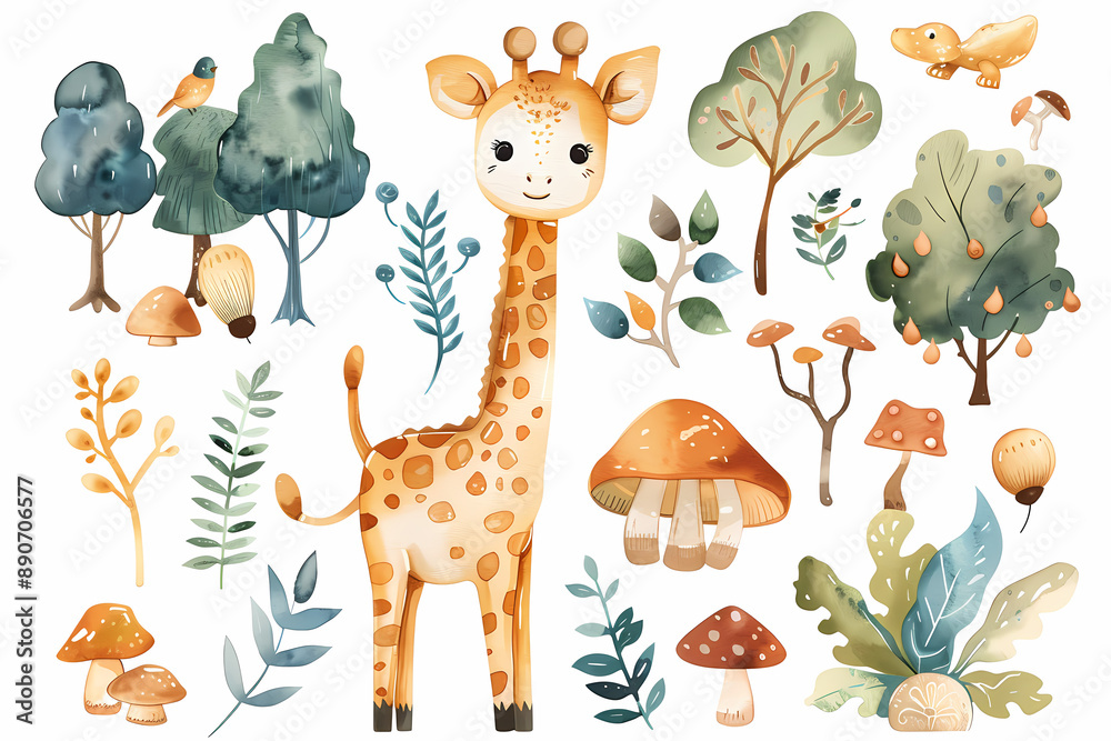 Beautifully designed sticker sheet with watercolor giraffes and tree illustrations, ideal for nature-themed crafts and scrapbooking Beautifully designed sticker sheet with watercolor giraffes and tree illustrations, ideal for nature-themed crafts and scrapbooking