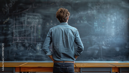 A young male teacher stands confidently in front of a blackboard, symbolizing his future plans and aspirations. For teacher interaction contents.