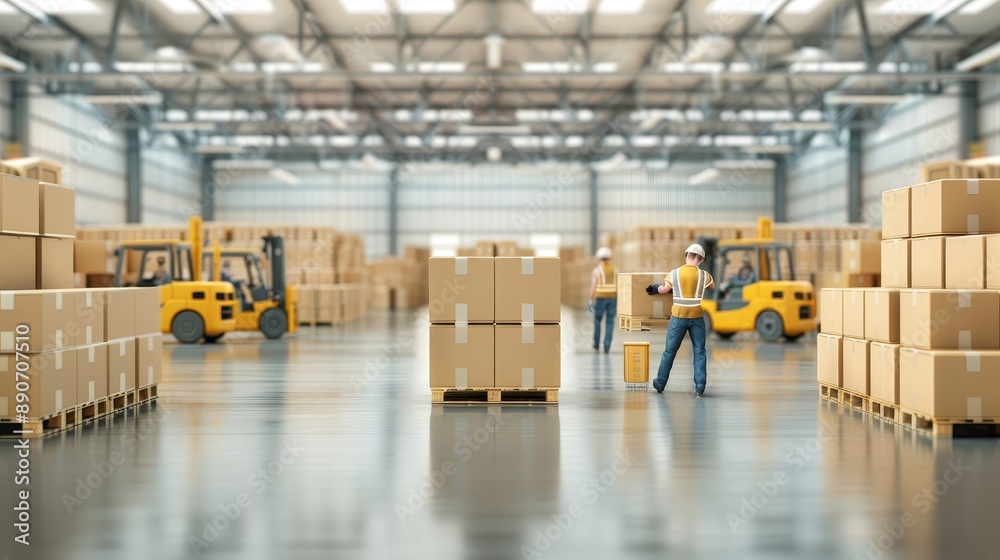 A large warehouse with many yellow forklifts moving boxes