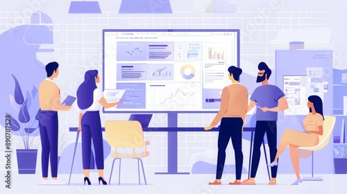 Illustration of a diverse team collaborating on data analysis and project planning in a modern office workspace with digital screens © Chudapa