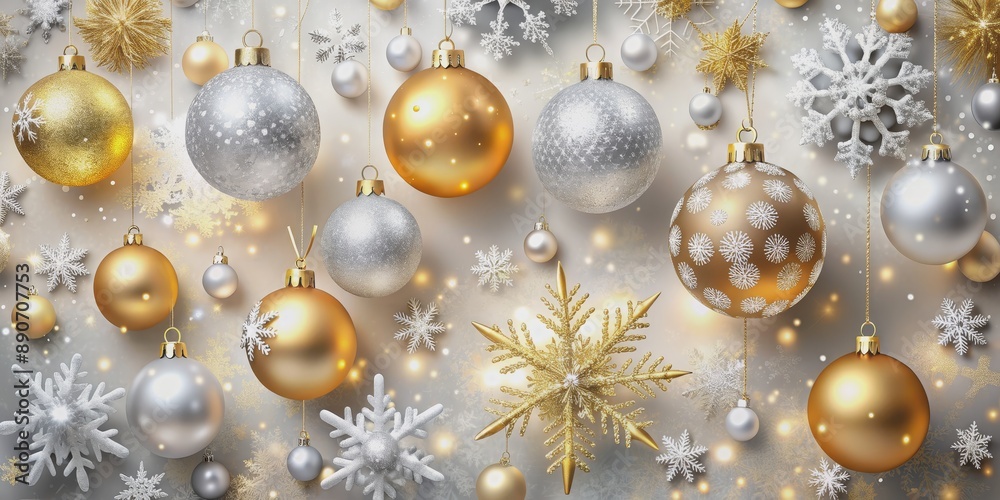 Golden and Silver Christmas Ornaments and Snowflakes on a Grey Background, Christmas , Decoration , Festive , Ornament Golden and Silver Christmas Ornaments and Snowflakes on a Grey Background, Christmas , Decoration , Festive , Ornament