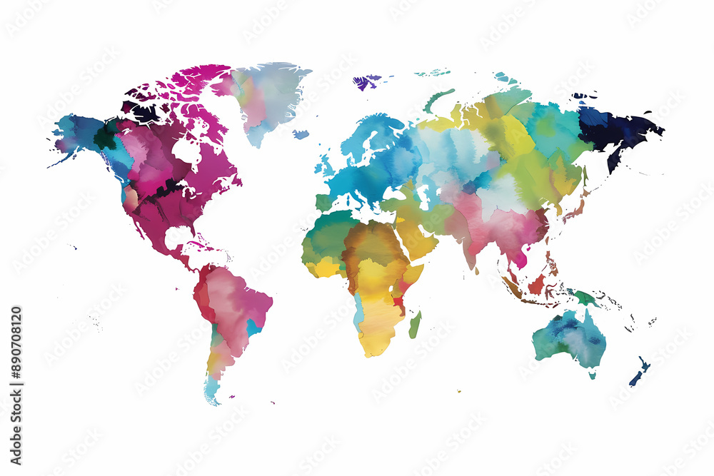 Watercolour illustration of the world: Atlas in pinks, purples, greens, blues and oranges Watercolour illustration of the world: Atlas in pinks, purples, greens, blues and oranges