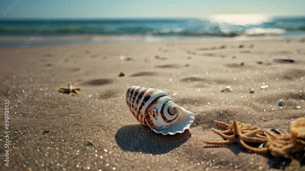Seashell on Sandy Beach with Ocean in Background Seashell on Sandy Beach with Ocean in Background
