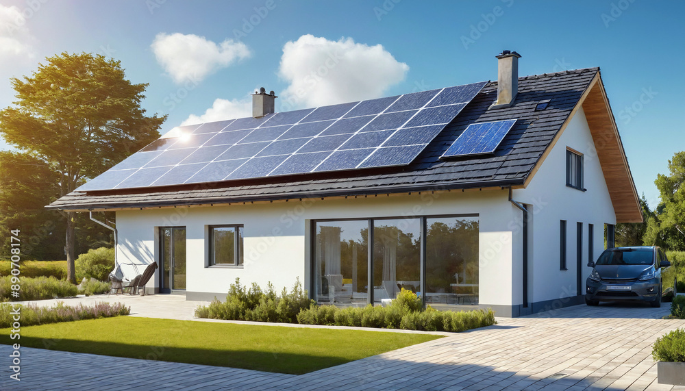 solar panels on a modern house roof solar panels on a modern house roof
