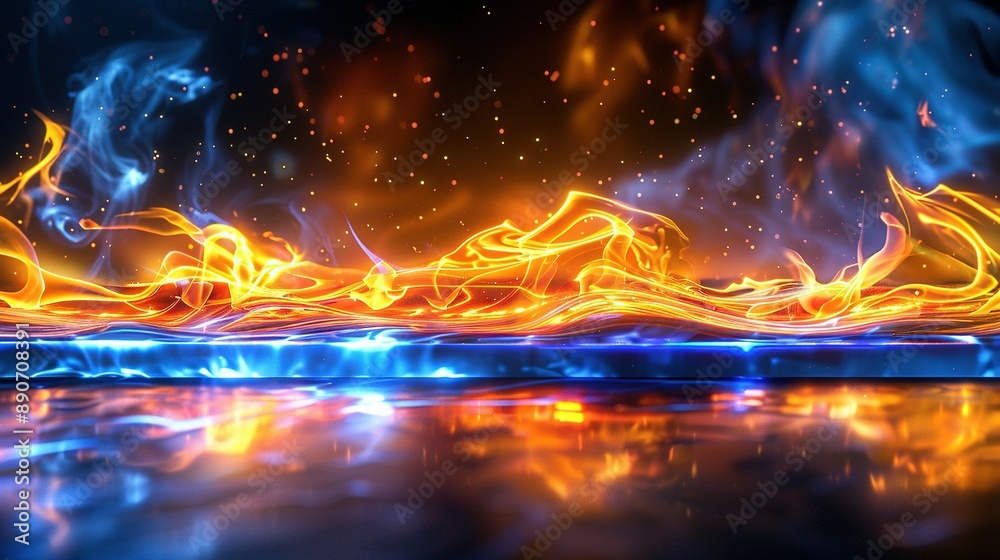 fire and water on a dark background with a distinct reflection of the water in the foreground fire and water on a dark background with a distinct reflection of the water in the foreground