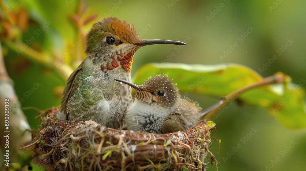 Obraz premium Mother hummingbird and chick in nest surrounded by lush greenery, capturing the essence of nature and wildlife.