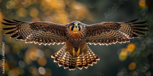 Majestic falcon in flight with wings spread wide, captured in dynamic motion against a blurred natural background.