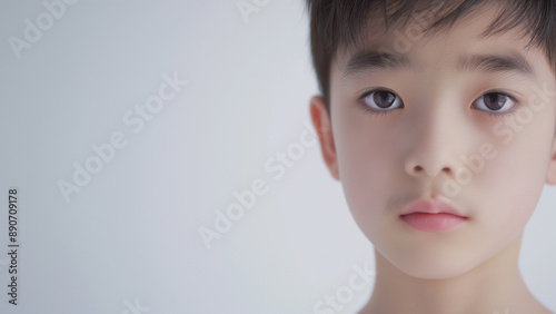 13 years old Asian male, copy space, sad or blank or serious expression