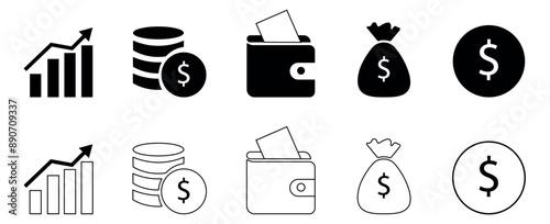 Finance icons set. Business money icons sign signs. Money silhouette collection. Wallet with cards icon. Growth chart. Moneybag or stash.