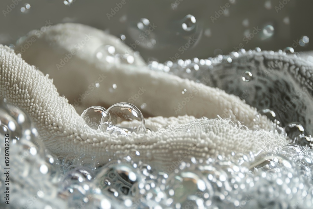 Close-Up of Detergent Bubbles Deep Cleaning Fabric - Ideal for Laundry Product Design Close-Up of Detergent Bubbles Deep Cleaning Fabric - Ideal for Laundry Product Design