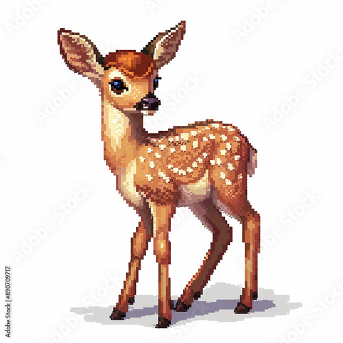 A low pixelated image of a cute brown deer fawn baby on a white background