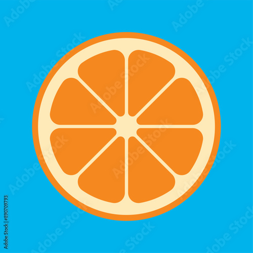 Fresh Orange slice isolated on blue background. Vector illustration. Ideal for decorative poster, emblem natural product, farmers market. Perfect for packaging cosmetics, healthy food concept.