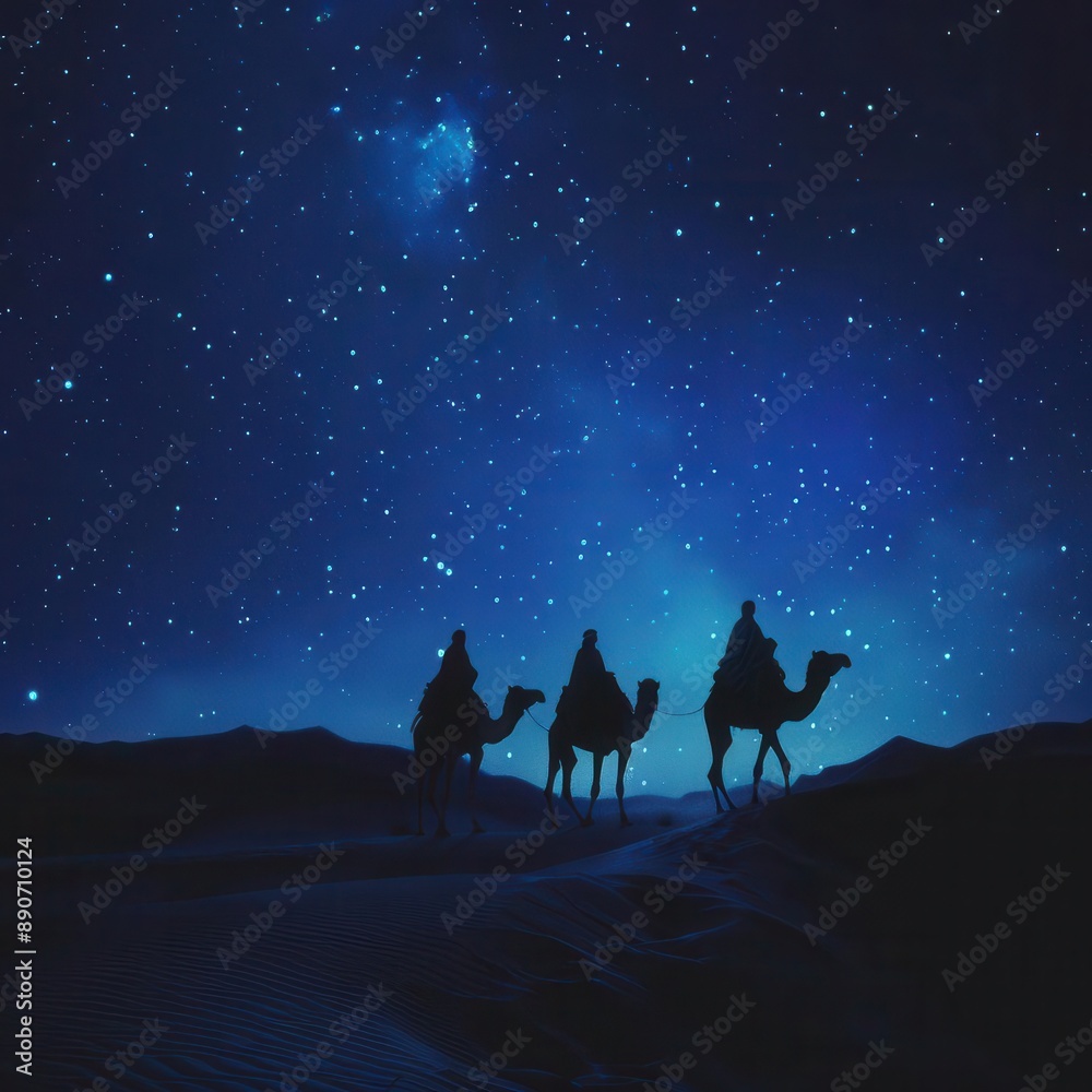 three wise men journeying across moonlit desert gifts gleaming in starlight majestic camels silhouetted against night sky spiritual pilgrimage depicted three wise men journeying across moonlit desert gifts gleaming in starlight majestic camels silhouetted against night sky spiritual pilgrimage depicted