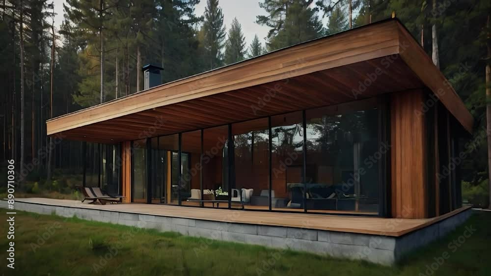 Modern Wooden Cabin with Large Windows in Forest Setting Modern Wooden Cabin with Large Windows in Forest Setting