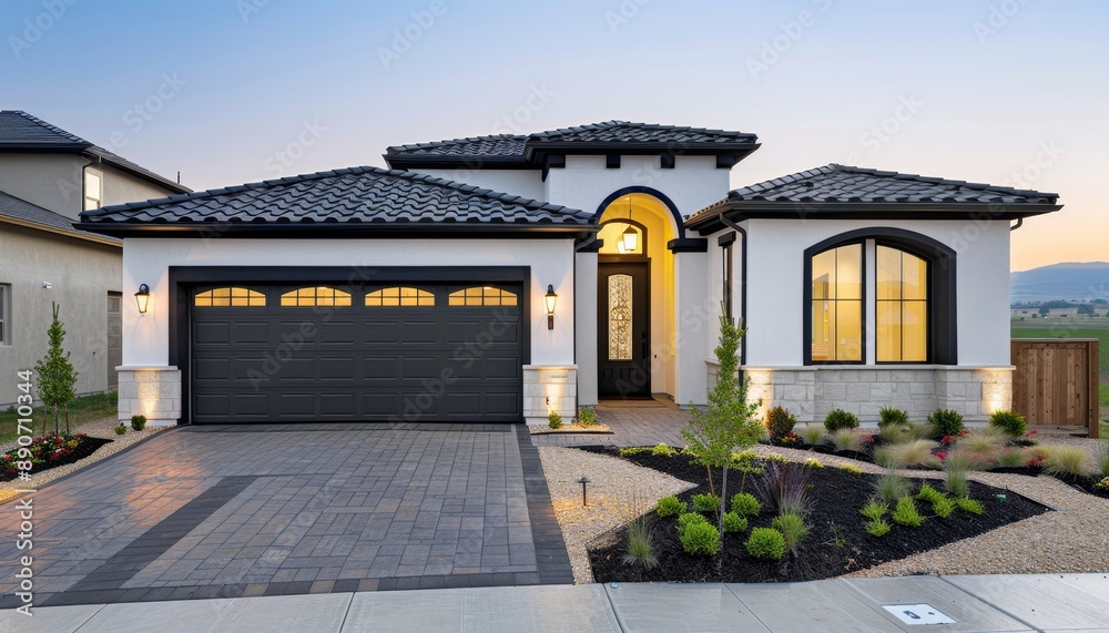 Elegant spanish style home with white and black design, dark brown accents, and paver driveway Elegant spanish style home with white and black design, dark brown accents, and paver driveway