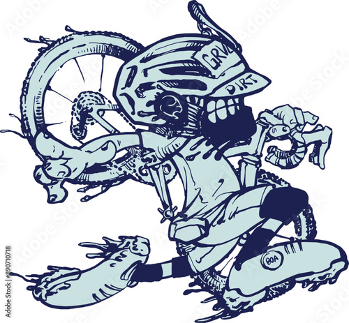 Quirky gravel cyclist cartoon carrying a bike for cyclocross event.