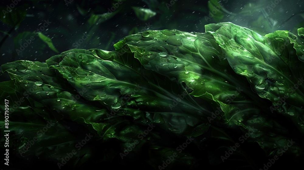 A macro shot of fresh lettuce leaves with water droplets A macro shot of fresh lettuce leaves with water droplets