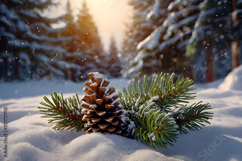 Wallpaper Mural Christmas fir tree branches and cone on the snow, forest on the background. Magical snowy new year eve, festive, magic winter holidays template for design, greeting postcard with copy space.  Torontodigital.ca