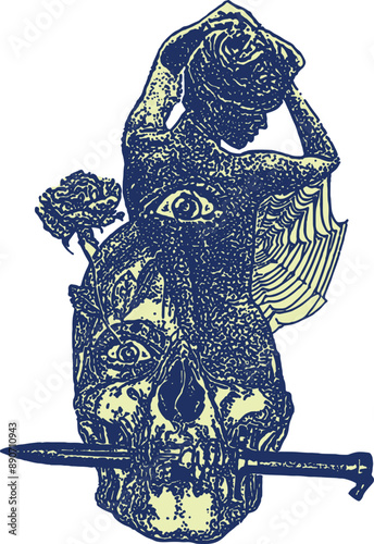 A Digital Collages of A women and Skull with Xerox Style Illustration. Suitable for Horror T shirt Merchandise
