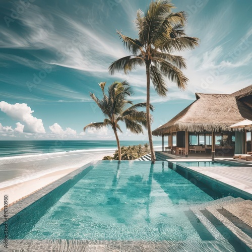 tropical paradise getaway luxurious beachfront resort with infinity pool overlooking turquoise ocean swaying palm trees thatchedroof bungalows and golden sand create idyllic vacation atmosphere photo