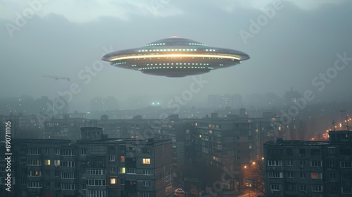 A UFO has arrived on planet earth. A fantastic scene with an alien spaceship