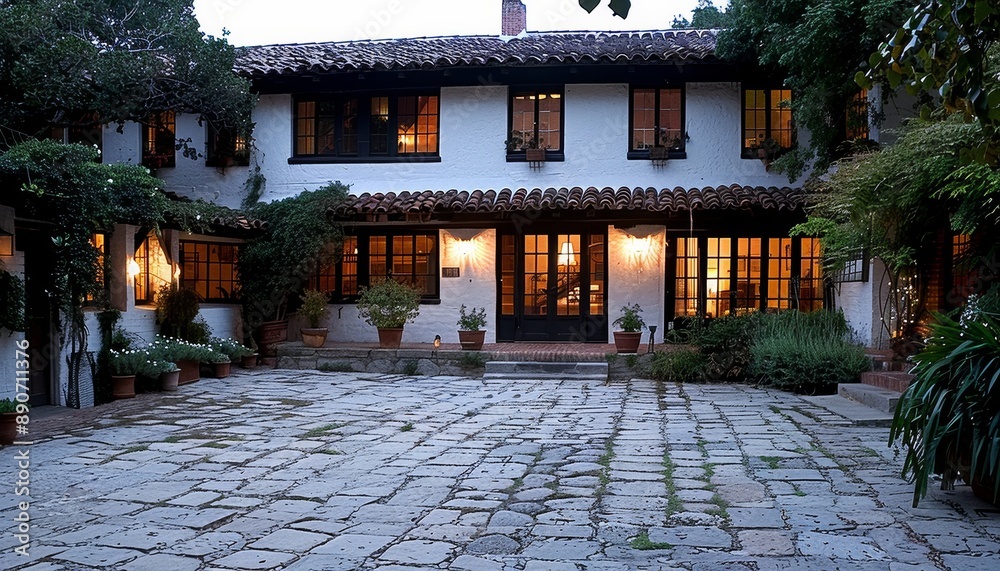 Elegant white and black spanish style residence with dark brown accents and paver driveway Elegant white and black spanish style residence with dark brown accents and paver driveway