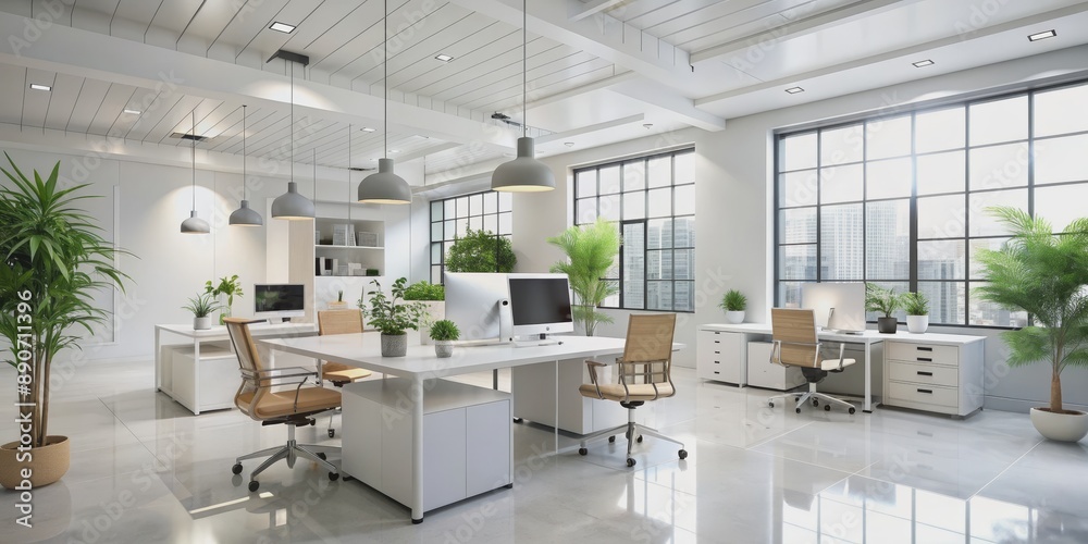 Modern Office Interior with White Walls and Large Windows, 3D Rendering, Desk, Chairs, Plants, White Walls, City View