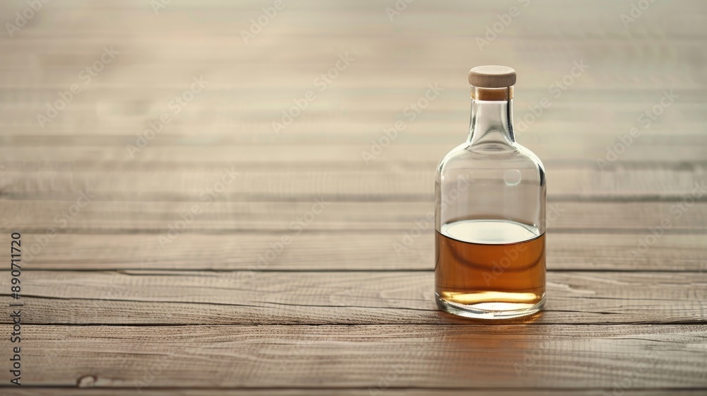 A glass bottle of liquor sits on a table by a window overlooking the ocean A glass bottle of liquor sits on a table by a window overlooking the ocean