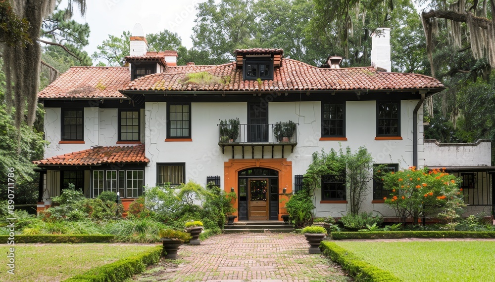 Elegant spanish style home with white and black facade, dark brown accents, and paver driveway Elegant spanish style home with white and black facade, dark brown accents, and paver driveway