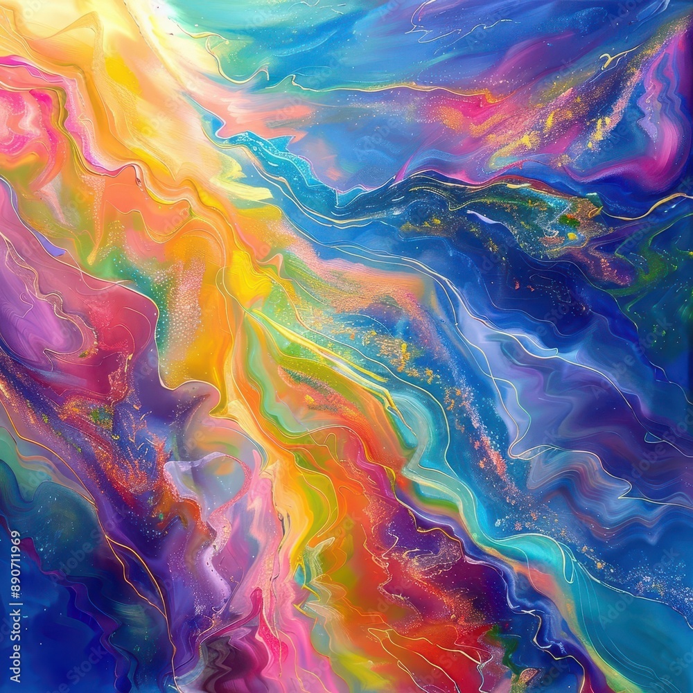 vibrant abstract composition of flowing iridescent waves blending neon hues and metallic sheens creating a sense of fluid motion and energy