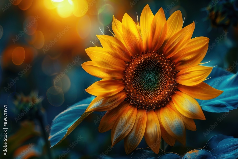 Naklejka premium A yellow sunflower is in a blue background