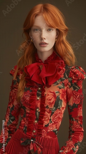 Elegant Autumn Fashion Red-haired Model in Floral Print Dress and Ruffled Collar
